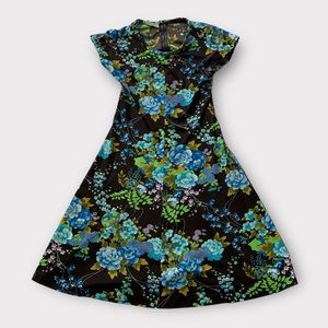 Vintage 70s/1970s Floral Dress, Brown With Blue Floral Print, Short Slee…